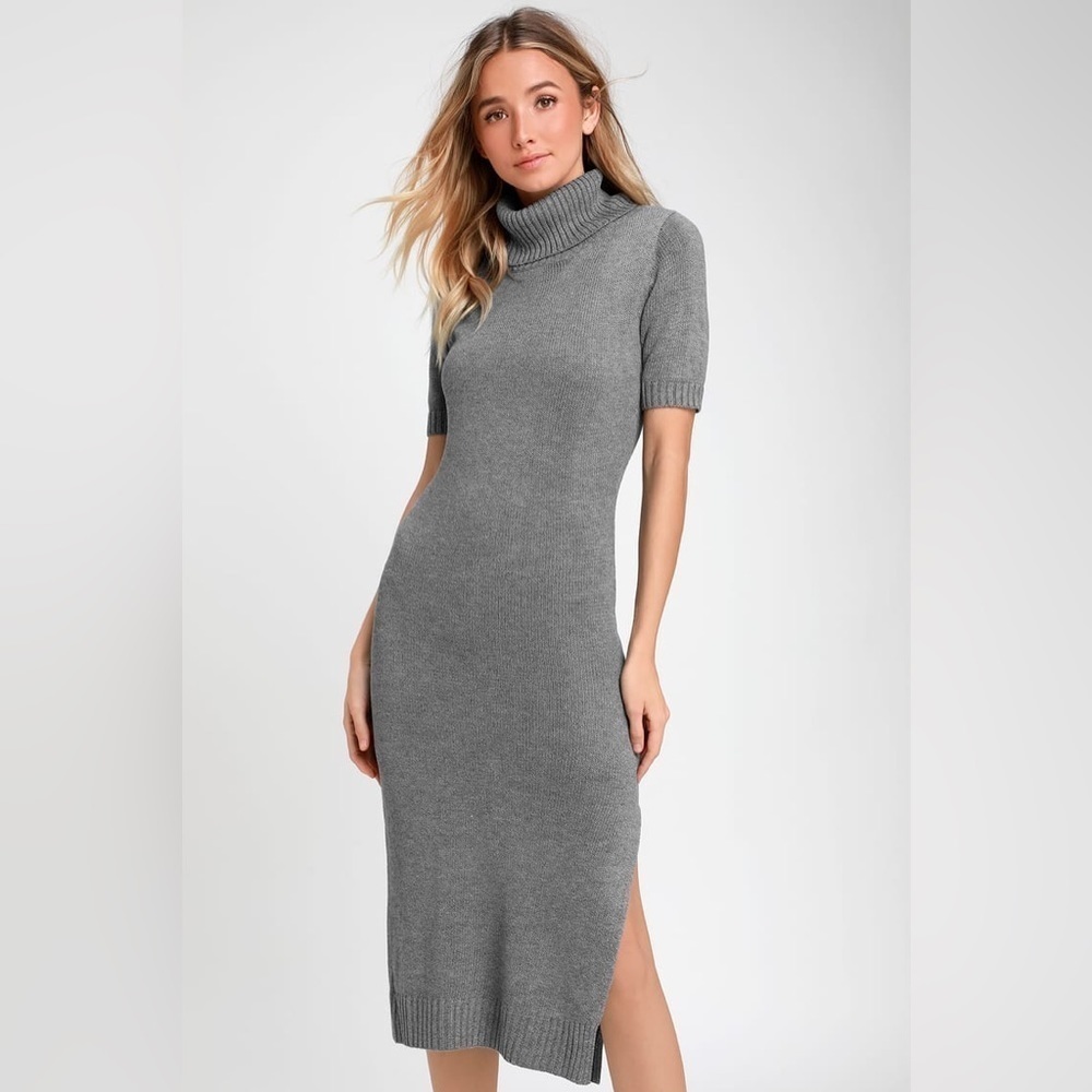 Lulu's Womens Size Small Coffee Date Grey Turtleneck Midi Sweater Dress Knit